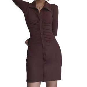 H&M Long Sleeve Button Down Ruched Bodycon Mini Dress Size Medium Brown